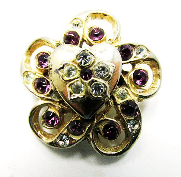 Vintage 1950s Jewelry Adorable Diamante Floral Heart Locket Pin - Front