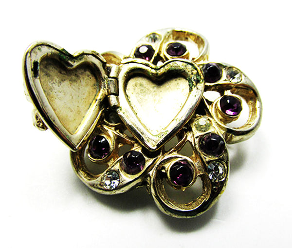 Vintage 1950s Jewelry Adorable Diamante Floral Heart Locket Pin - Locket