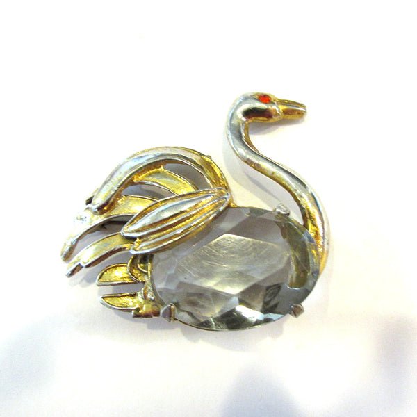 Charming 1950s Mid-Century Vintage Figural Diamante Swan Pin - Front
