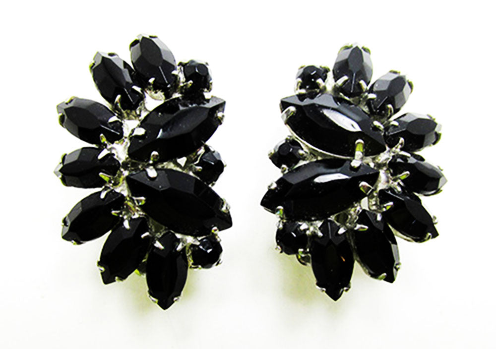 Weiss 1950s Designer Vintage Jewelry Onyx Diamante Floral Earrings - Front