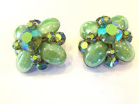 Stunning 1950s Green Cabochon and Aurora Borealis Diamante Earrings - Front - Thumbnail