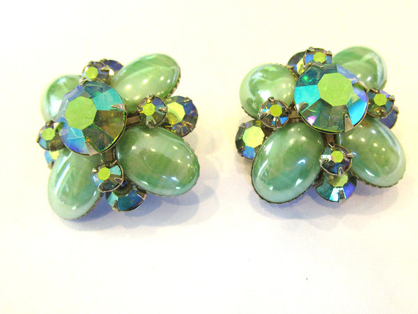 Stunning 1950s Green Cabochon and Aurora Borealis Diamante Earrings - Front