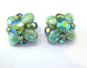 Stunning 1950s Green Cabochon and Aurora Borealis Diamante Earrings - Front