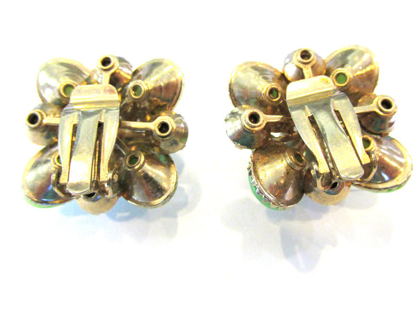 Stunning 1950s Green Cabochon and Aurora Borealis Diamante Earrings - Back
