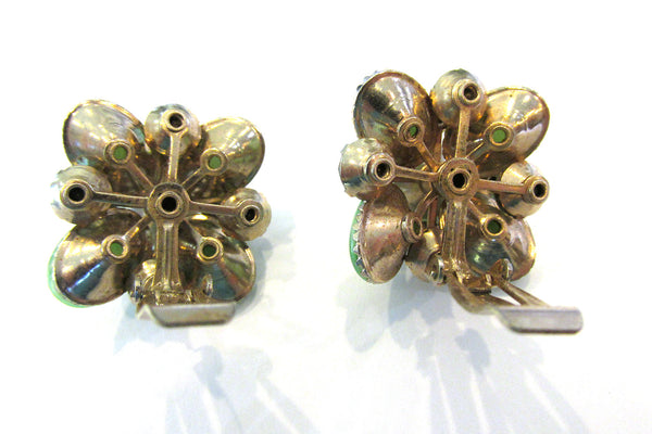 Stunning 1950s Green Cabochon and Aurora Borealis Diamante Earrings - Back