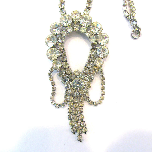 Dramatic Vintage 1950s Mid-Century Clear Diamante Drop Necklace - Close Up