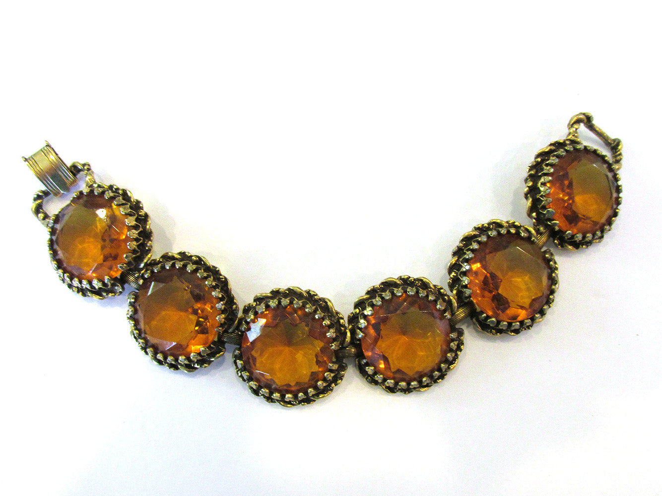 Bold 1950s Vintage Mid-Century Eye-Catching Amber Diamante Bracelet - Front