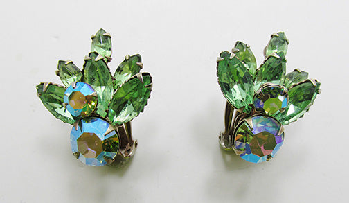 Vintage 1950s Mid-Century Dazzling Green Rhinestone Floral Earrings