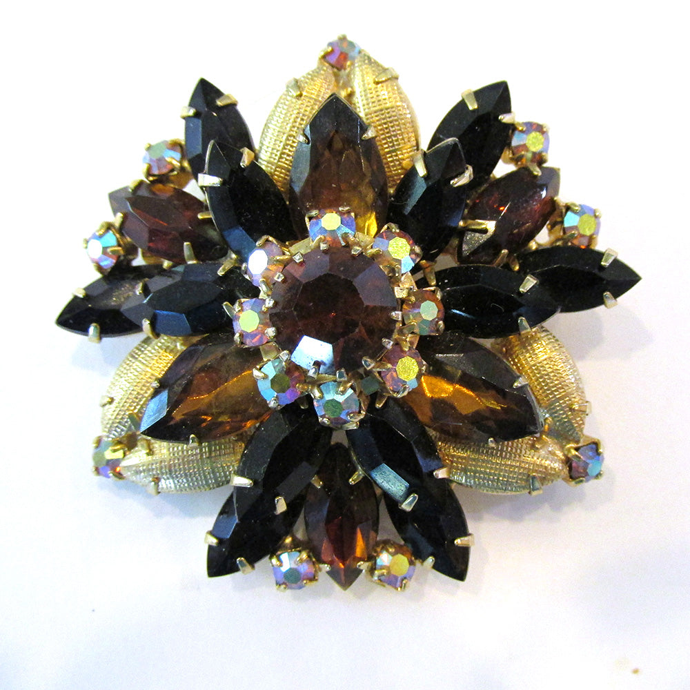 Bold Vintage 1950s Mid-Century Eye-Catching Topaz Diamante Floral Pin - Front