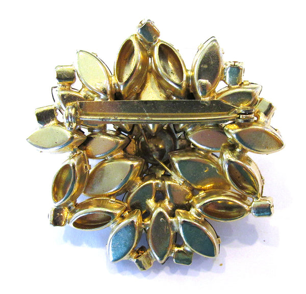Bold Vintage 1950s Mid-Century Eye-Catching Topaz Diamante Floral Pin - Back