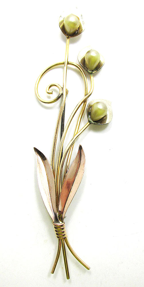 Van Dell 1940s Gorgeous Vintage Gold Filled Pearl Floral Spray Pin - Front