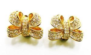 Vintage 1960s Costume Jewelry Dazzling Clear Diamante Bow Earrings - Front