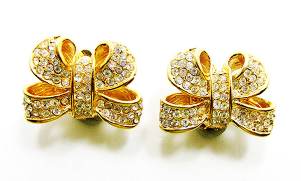Vintage 1960s Costume Jewelry Dazzling Clear Diamante Bow Earrings - Front