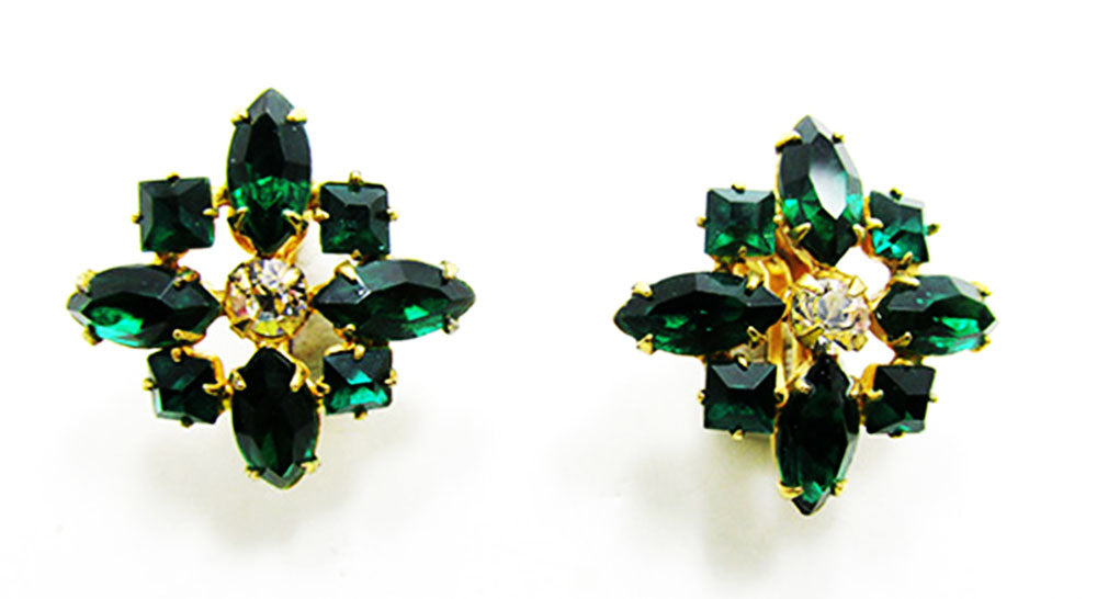 1950s Vintage Jewelry Eye-Catching Emerald Diamante Floral Earrings - Front