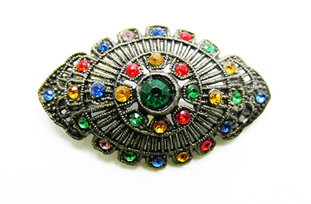 Vintage 1930s Jewelry Distinctive Multi-Colored Diamante Pin - Front