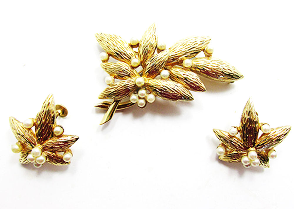 Jomaz 1950s Vintage Jewelry Exquisite Pearl Leaf Pin and Earrings Set - Front