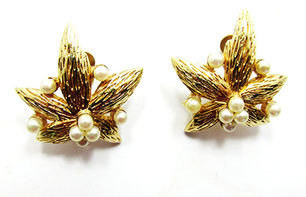 Jomaz 1950s Vintage Jewelry Exquisite Pearl Leaf Pin and Earrings Set - Earrings
