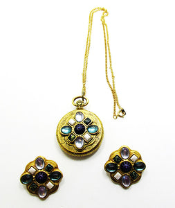 Vintage Costume Jewelry 1980s Diamante Pendant and Earrings Set - Front